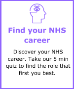 White background, Head with purple outline with leaf pattern. Text: 'Discover your NHS career. Take our 5 min quiz to find the role that fits your best.