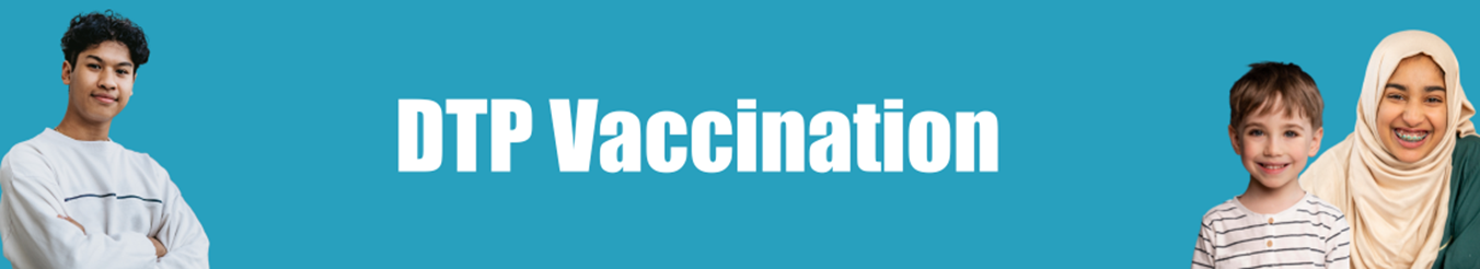 Teal background with children on either side of the banner. Text in the middle: DTP Vaccinations