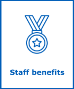 Blue outlined medal with a star in a circle. Text: Staff benefits