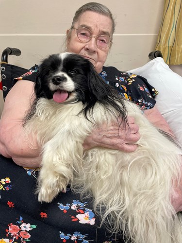 Patient Doreen Brown with Jazz, a long haired black and white coloured dog