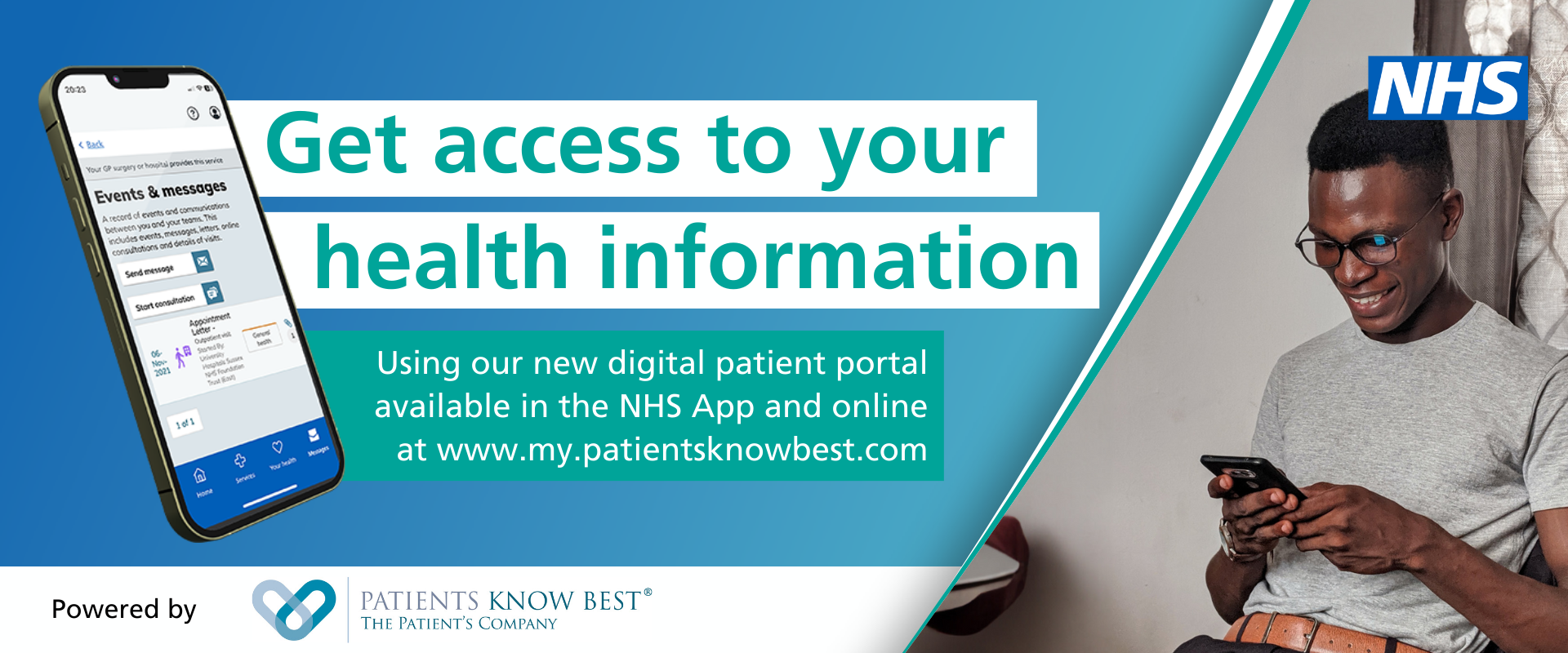 Blue background, NHS logo. Image of a mobile phone and text 'Get access to your health information'. Man looking at his phone.