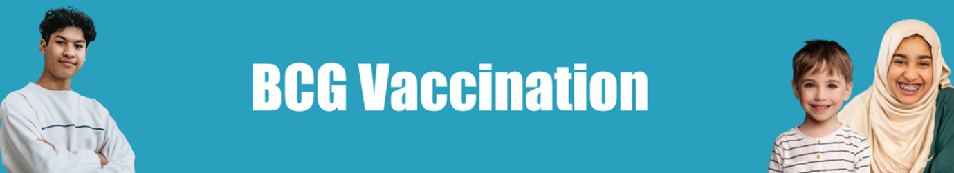 Teal background with children on either side of the banner. Text in the middle: BCG Vaccinations