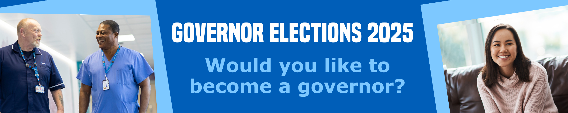 Images of two men talking , an image of a young woman sitting on a brown sofa smiling at the camera. Text written, governor elections 2025 Would you like to become a governor