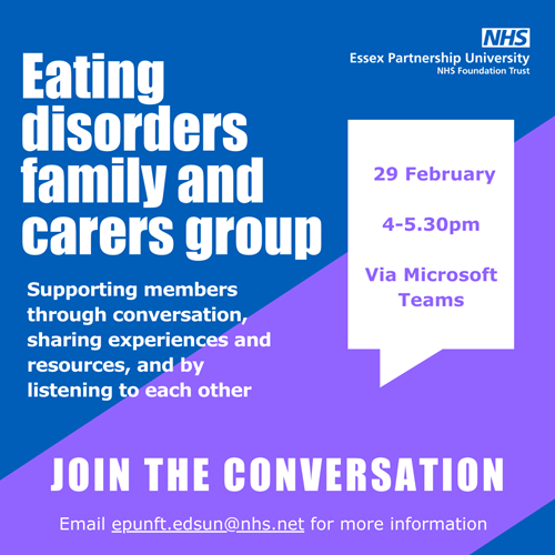 Graphic advertising the support group meeting, which takes place on 29 February from 4pm to 5:30pm via Microsoft Teams. Email epunft.edsun@nhs.net for more information.