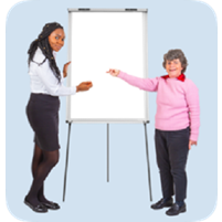 Two people presenting on a whiteboard